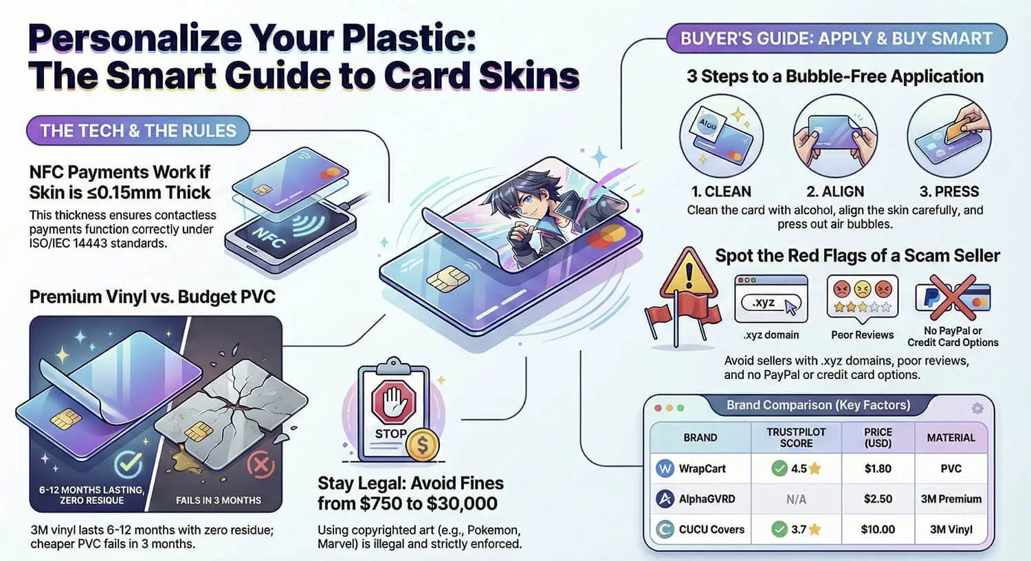 Kart Skinleri için Akıllı Kılavuz - Anime kart skini özelleştirmesi için tam görsel kılavuz Kart Skinleri için Akıllı Kılavuz infografiği - anime kredi kartı skini stilleri, uygulama adımları ve NFC uyumluluk kılavuzu