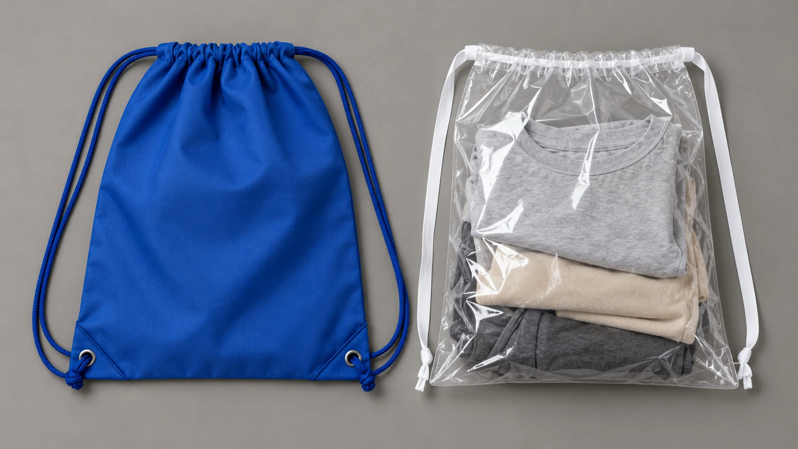 Nötr bir yüzeye düz biçimde yerleştirilmiş, omuz kordonlu mavi bir polyester büzgülü sırt çantası ile büzme şeritli şeffaf bir PE film büzgülü torba