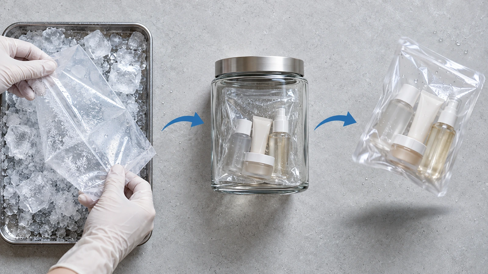 Don kaplı yüzeyde soğuk kıvrım kontrolü, mühürlü kavanoz koku kontrolü ve dolu düşürme testi yapılan şeffaf poşet numunelerinin üstten görünümü; oklarla birbirine bağlı