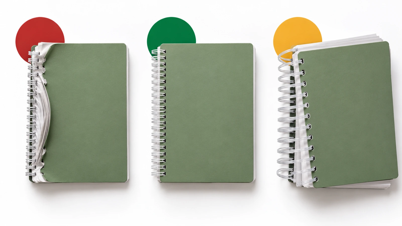 Yan yana üç defter: aşırı doldurulmuş spiral, doğru boyutlandırılmış spiral ve aşırı büyük gevşek spiral