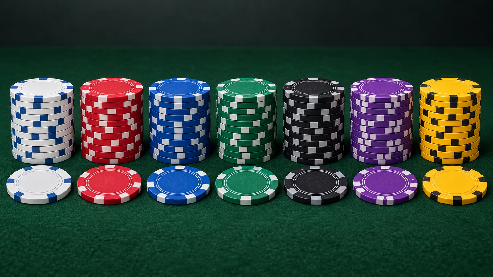 Geleneksel renklerde yedi poker çipi istifi; en açıktan en koyuya değer sırasına göre dizilmiş: beyaz, kırmızı, mavi, yeşil, siyah, mor ve sarı