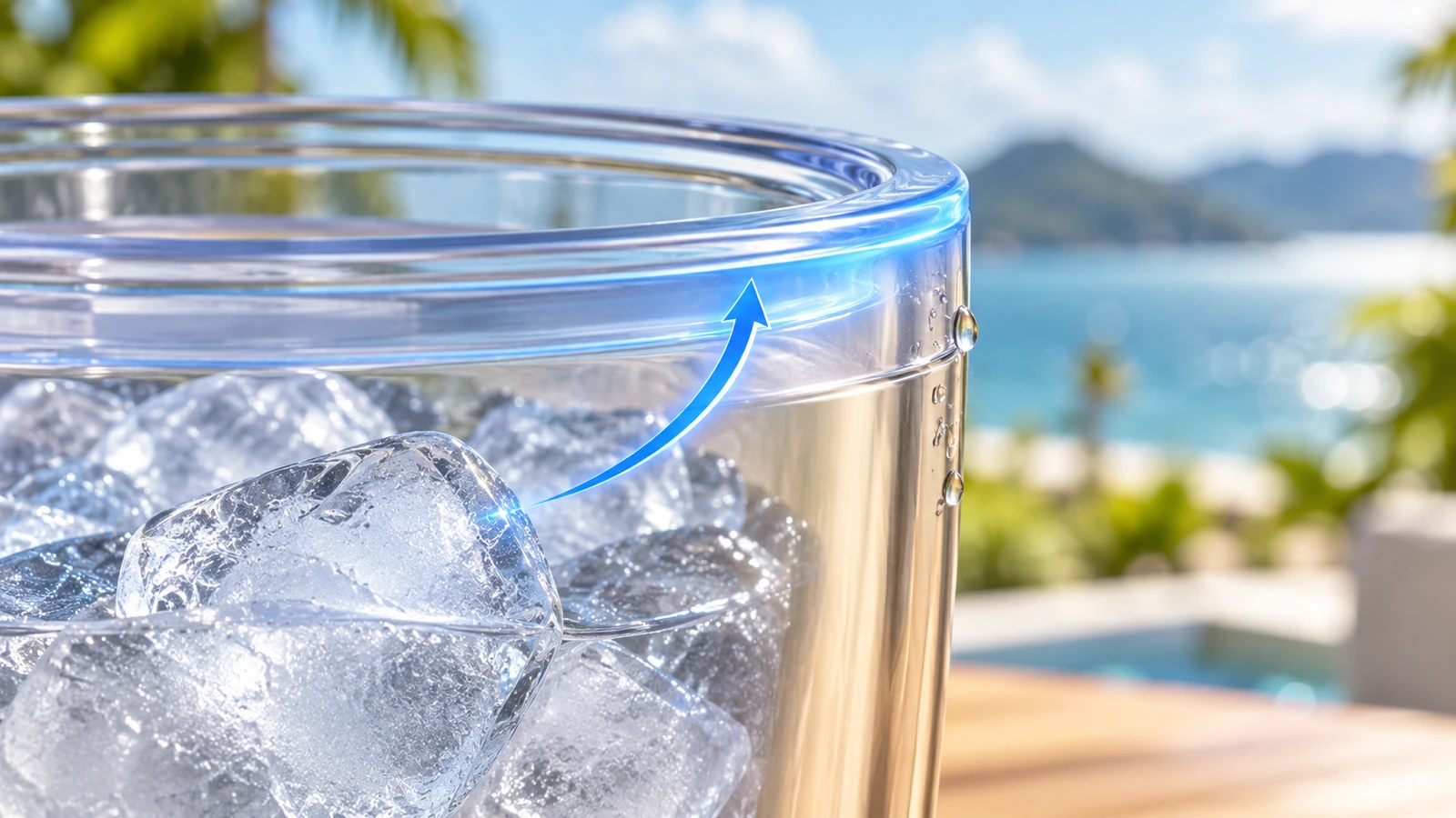 Çift duvarlı bir tumbler'ın kenarının kesit görünümü; iç ve dış duvarların birleştiği yerde soğuk mavi bir bant ve yalnızca kenara yakın oluşan küçük damlacıklar