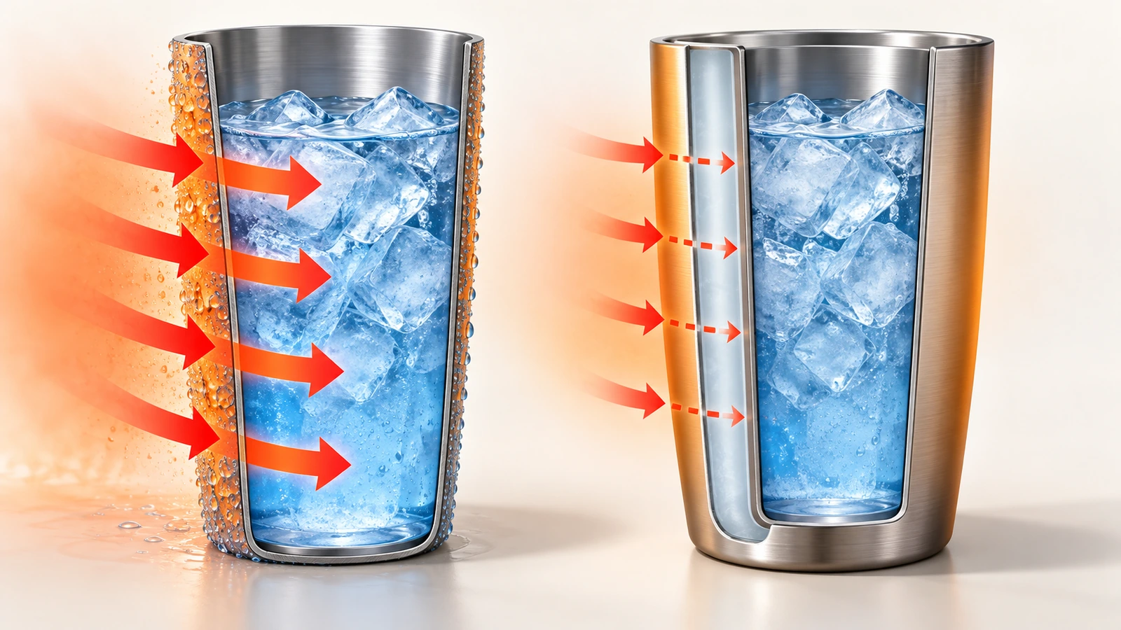 Tek duvarlı plastik bardağın su damlacıklarıyla kaplı yan kesiti ile dış kabuğu kuru çift duvarlı plastik tumbler'ın yan yana görünümü; oklar hava boşluğu tarafından yavaşlatılan ısı akışını gösteriyor