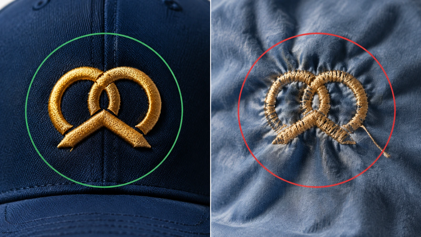 Yapılandırılmış bir trucker şapka ön panelindeki temiz, yoğun saten dikişli nakışın, yumuşak bir paneldeki buruşmuş nakışla yan yana makro karşılaştırması