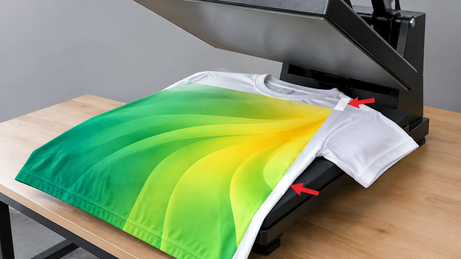 Dikilmiş bir polyester tişörtün üzerinde pres tablası; yan dikiş boyunca baskısız boşlukları gösteren oklar