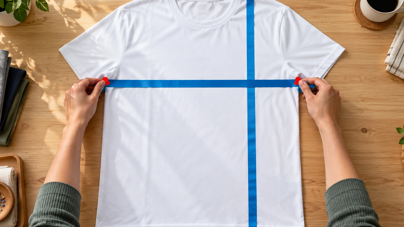 Göğüs boyunca boş bir mezura uzanan, düz yatan beyaz unisex polyester tişörtü ölçen eller