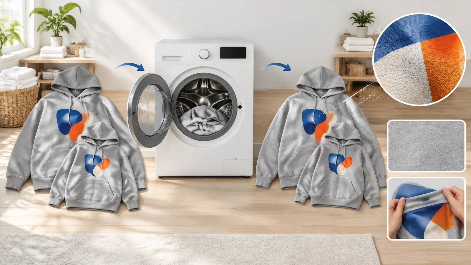 Küçük ve büyük bedenlerde numune hoodie'ler; çekme ve baskı çatlamasını kontrol etmek için yıkama testinden önce ve sonra karşılaştırılıyor