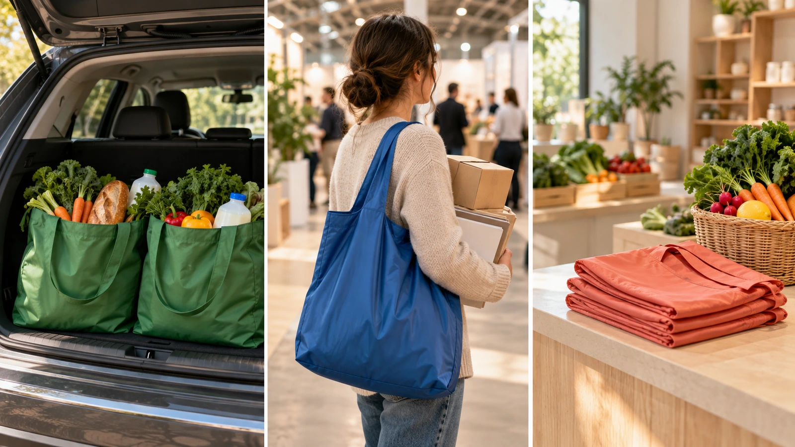 Toplu market alışverişi, fuar promosyon dağıtımı ve perakende mağaza programı için kullanılan büyük boy kullanımlık çantaları gösteren üç sahne