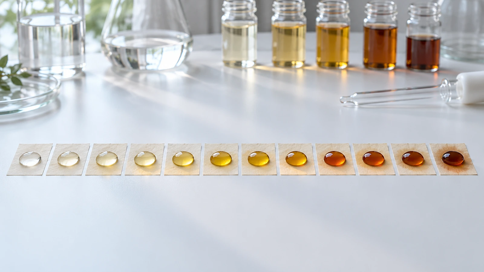 Üzerinde giderek koyulaşan test sıvısı damlaları bulunan bir sıra kağıt numunesinin durduğu laboratuvar tezgahı; yağ direnci için kademeli Kit testini gösteriyor