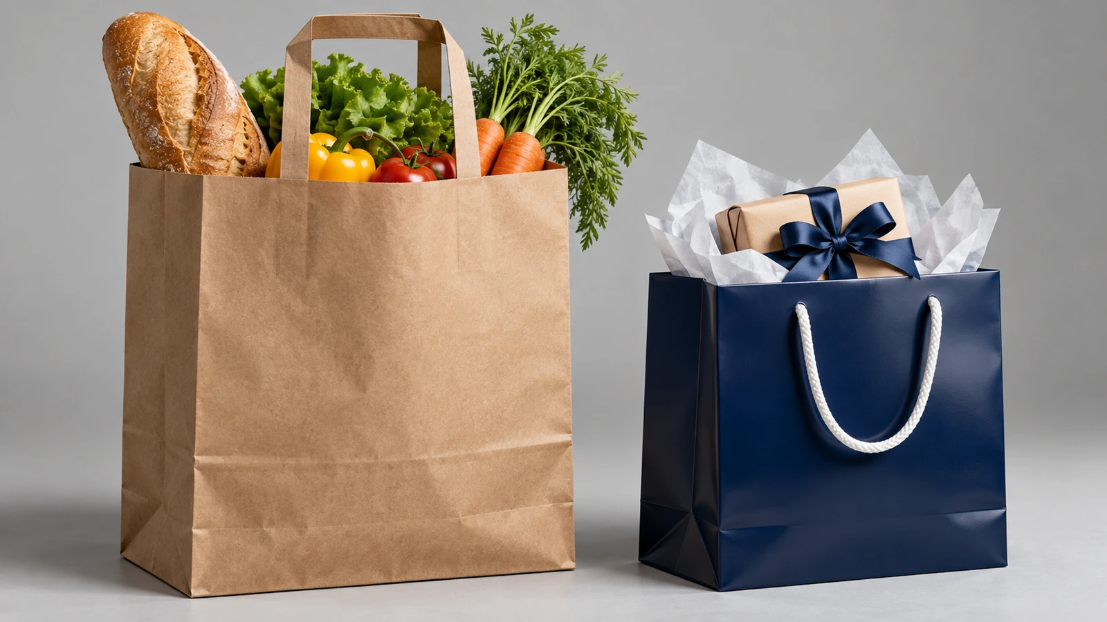 Düz saplı kahverengi kraft market poşeti ile iple saplı, parlak koyu renkli laminasyonlu kuşe kağıt hediye poşeti yan yana; ikisinin de yüzeyi boş
