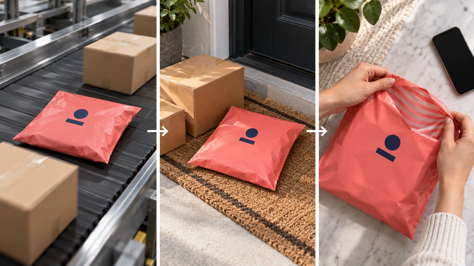 Markalı bir poli kargo poşeti için üç görüntüleme anı: ayrıştırma konveyöründe, diğer paketlerin arasında bir kapı önünde ve bir müşterinin elinde açık hâlde