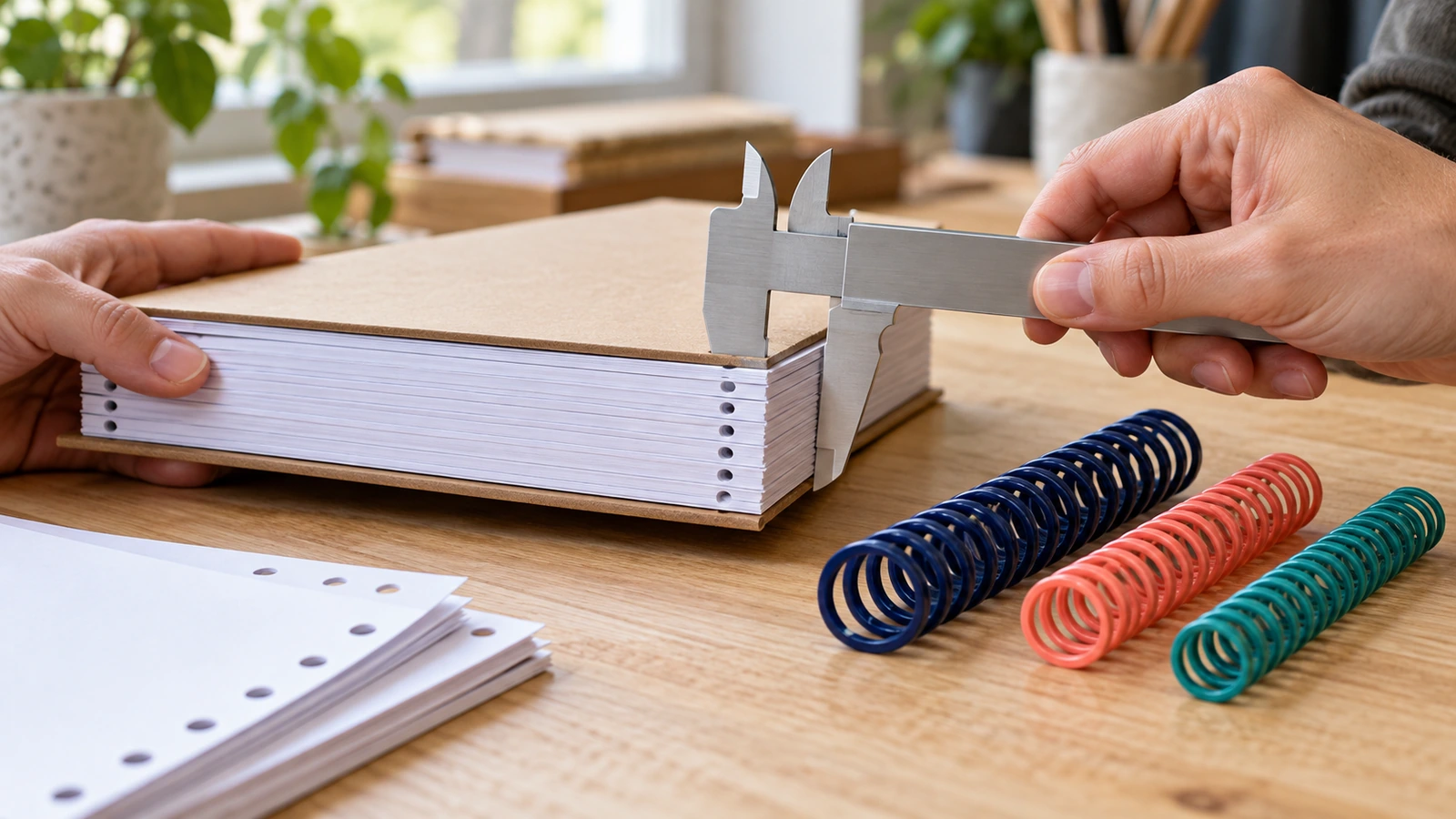 Spiral boyutu seçmeden önce, etiketlenmemiş bir kaliperle yığınlanmış defter bloğunun ve kapakların kalınlığını ölçen eller