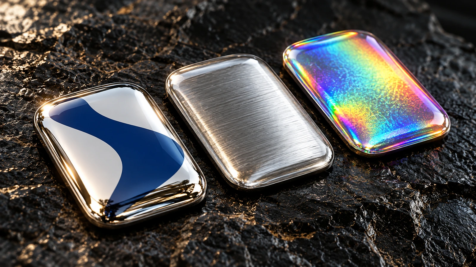 Krom, fırçalanmış metal ve holografik baz filmler üzerindeki üç kubbeli etiketin, şeffaf reçine içinden ışığı yansıttığı makro görünüm