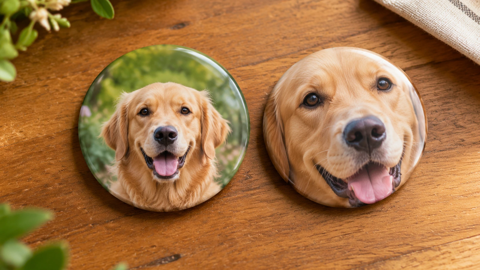 Golden retriever portresi gösteren iki yuvarlak fotoğraflı rozet: biri başın çevresinde açık arka planla iyi ortalanmış, diğeri kulaklar kenardan kıvrılacak şekilde kırpılmış