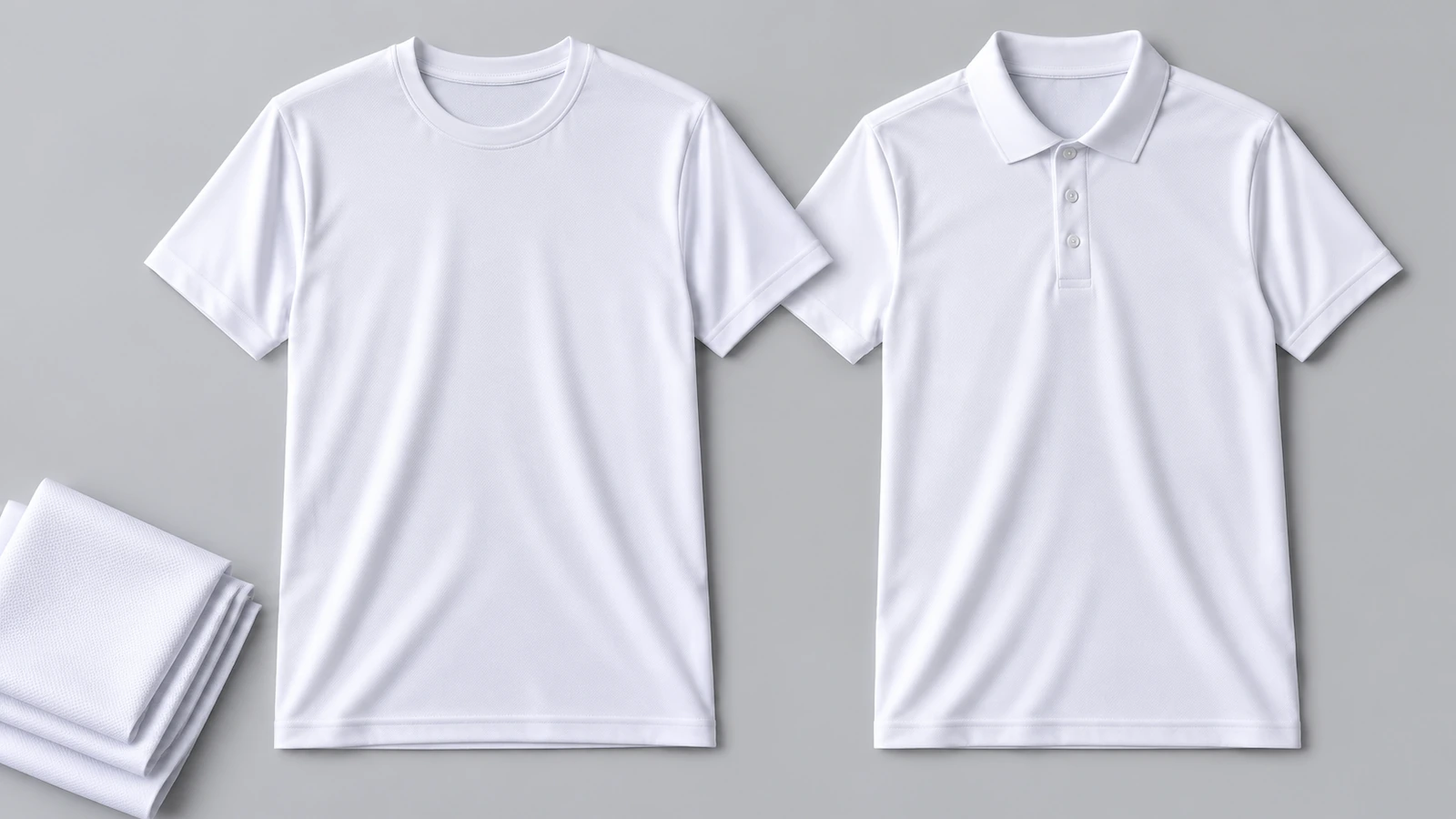 Açık gri bir yüzeyde, beyaz bir performans polonun yanında düz yatan beyaz unisex polyester süblimasyon tişört