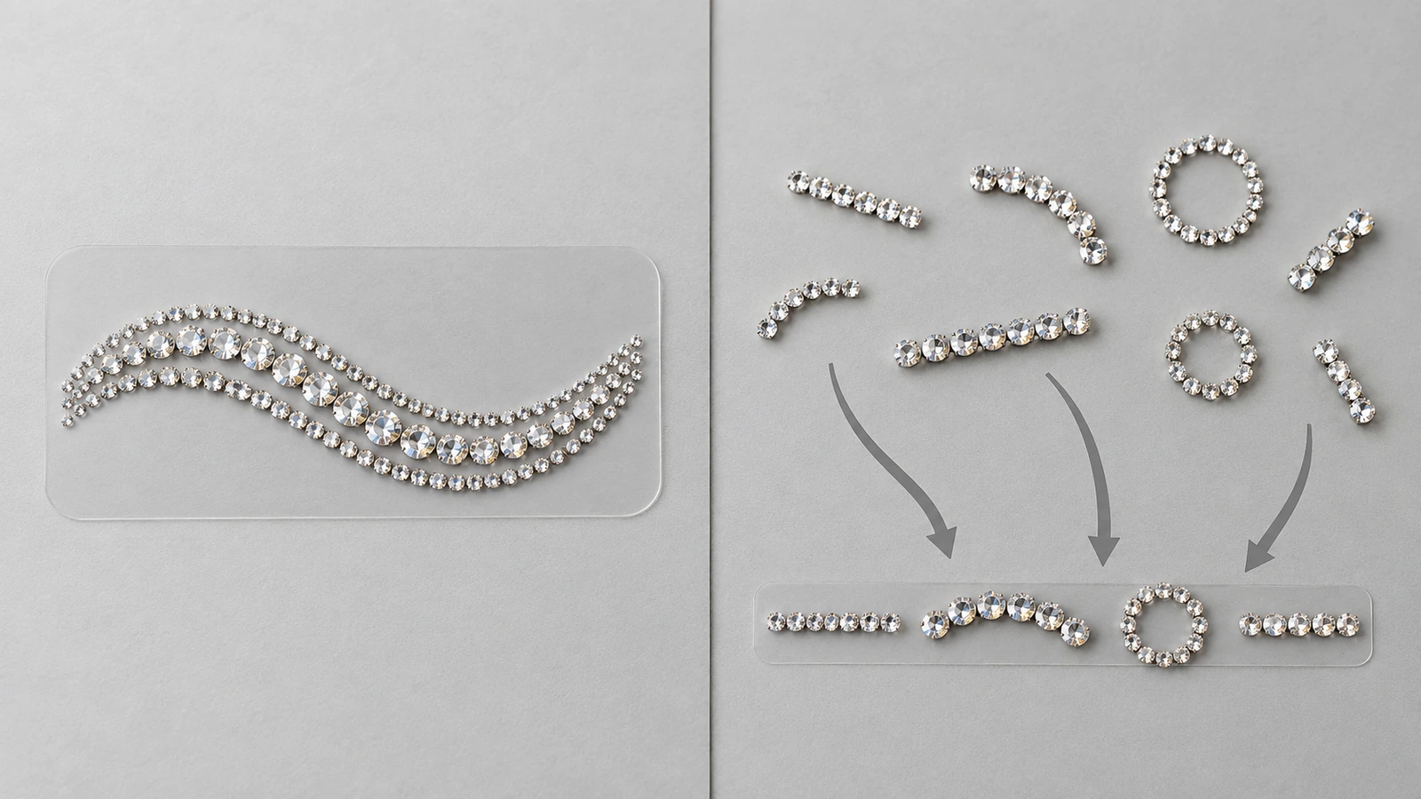 Tek bir tam motif taşıyan bir strass taşıyıcı tabakası ile oklarla düz bir kılavuz boyunca hizalanan tekil strass parçalarını karşılaştıran bölünmüş görünüm; hazır isim tabakaları ile tekil karakterleri karşılaştırıyor