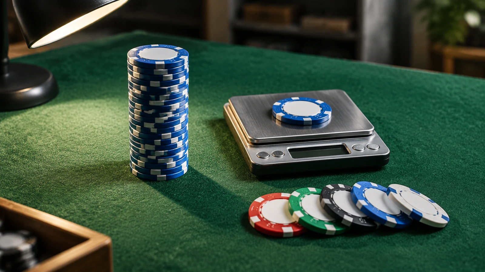 Yeşil çuha kaplı bir kontrol tezgâhında, dijital terazinin, cetvel kullanılmadan dik duran bir fiş istifinin ve bir masa lambasının yanında duran poker fişi numuneleri