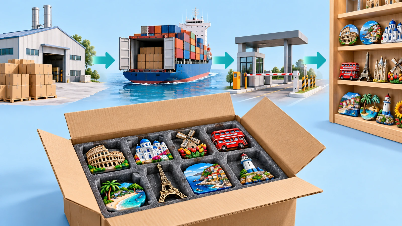 Fabrikadan konteynere ve perakende rafına taşınan, yön oklarıyla gösterilen paketli hatıra mıknatısı kolileri