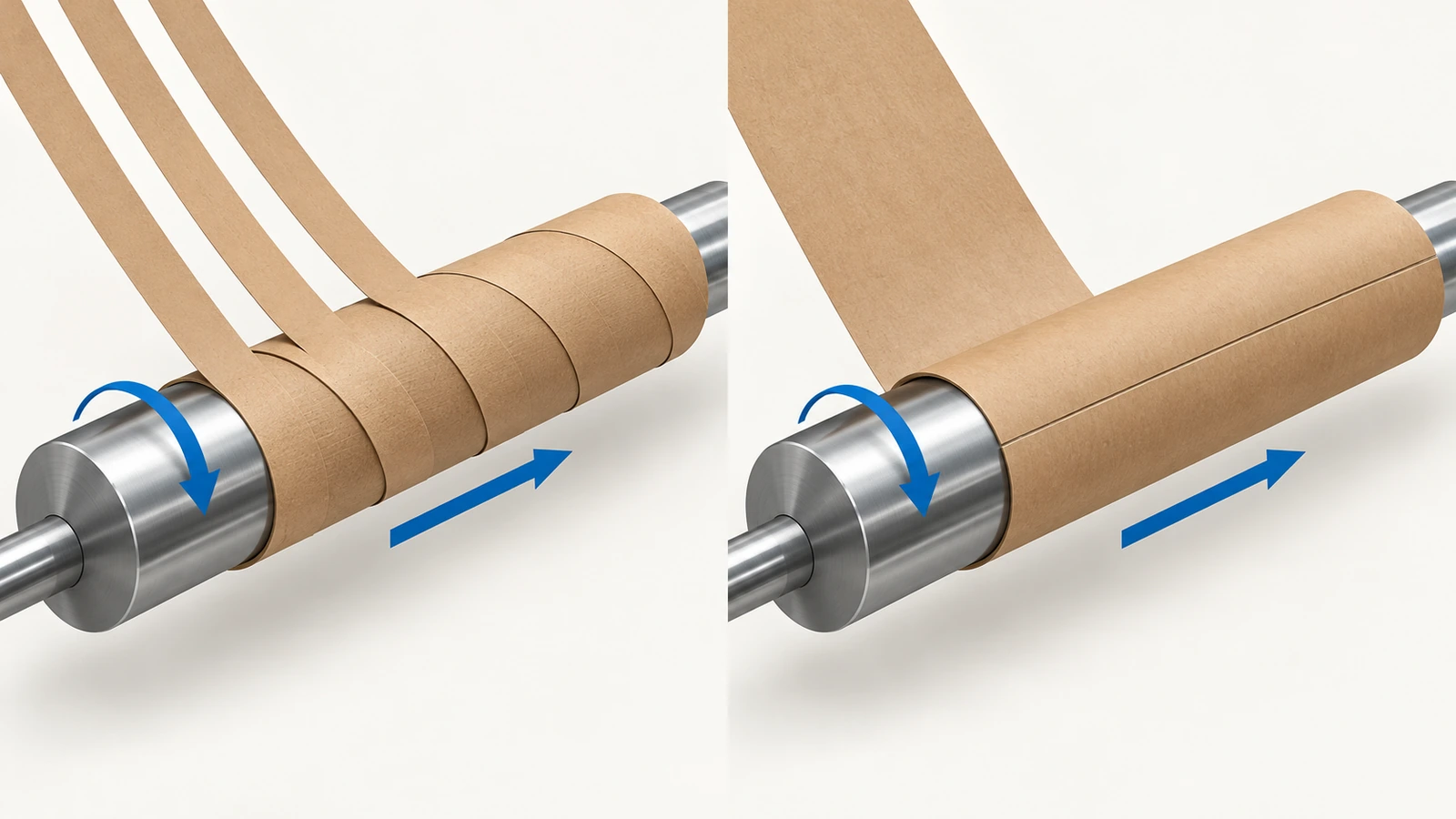 Mandrel üzerinde açılı şeritlerle spiral sarımın ve 1 tabakanın eksene paralel sarıldığı konvolüt sarımın yan yana şeması