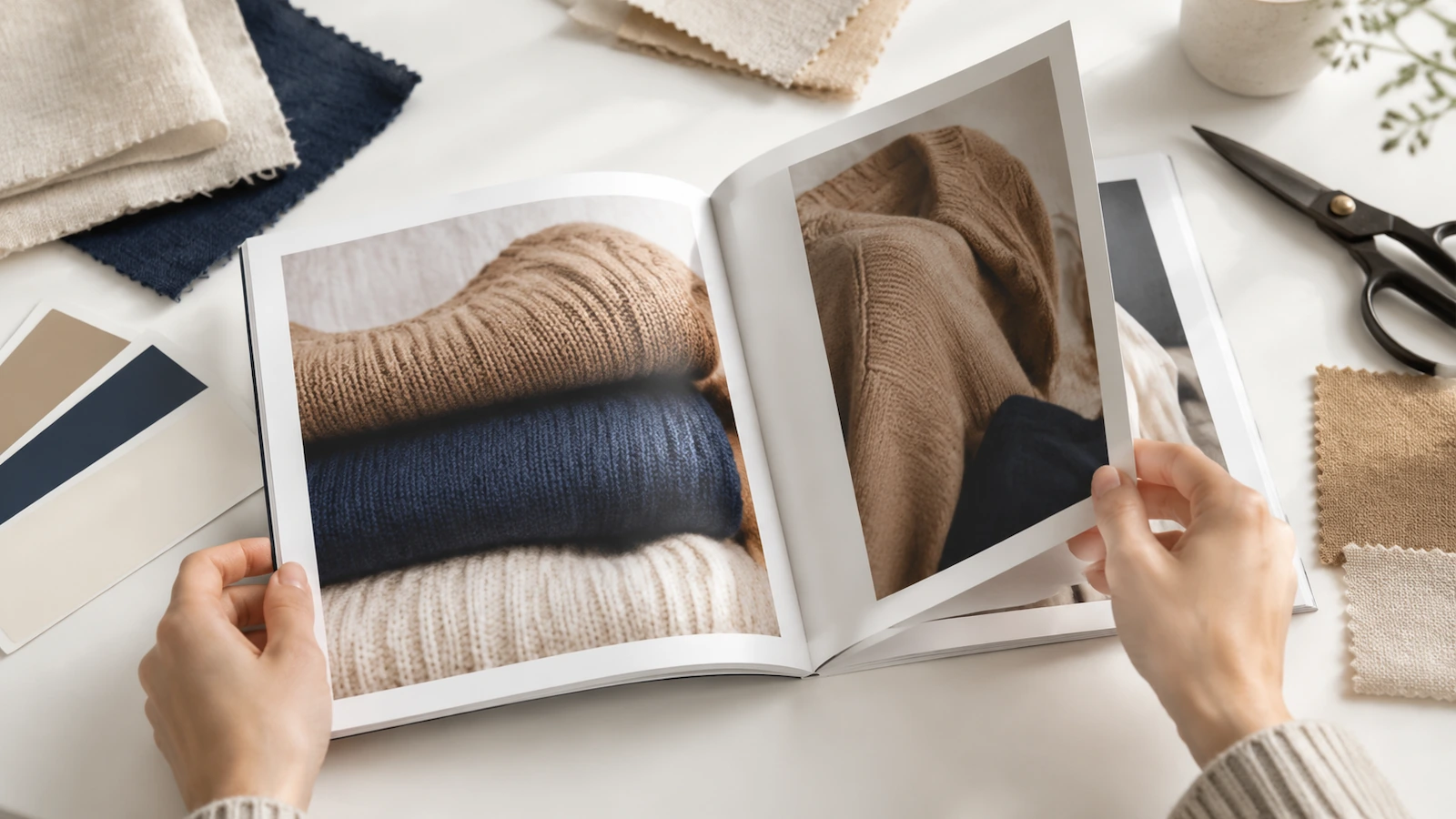 Kumaş örnekleri ve renk kartelalarıyla dolu bir masada kare bir moda lookbook'unun sayfalarını çeviren eller