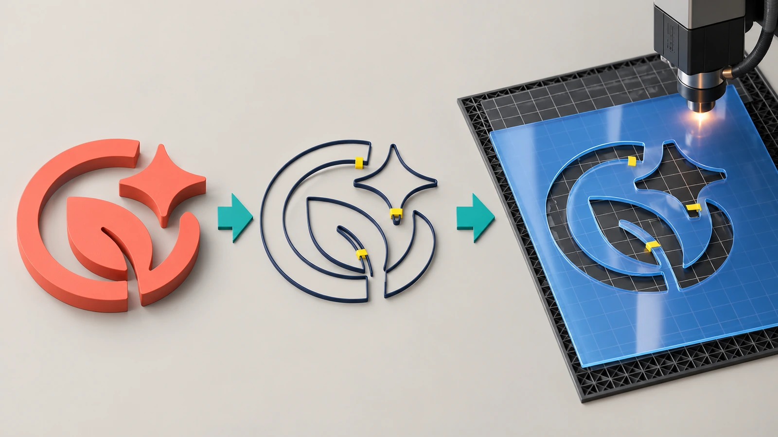 Soyut bir logo şeklinden, vurgulanmış köprü bağlantılarıyla vektör çizime ve bitmiş yarı saydam kesilmiş şablon tabakasına uzanan iş akışı