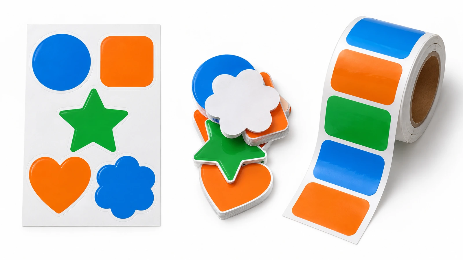 Yan yana üç kalıpla kesilmiş çıkartma formatı: tek bir altlık üzerinde birkaç çıkartma taşıyan bir tabaka, tek tek kesilmiş tekli çıkartmalardan oluşan gevşek bir yığın ve bir göbeğe sarılmış etiket rulosu