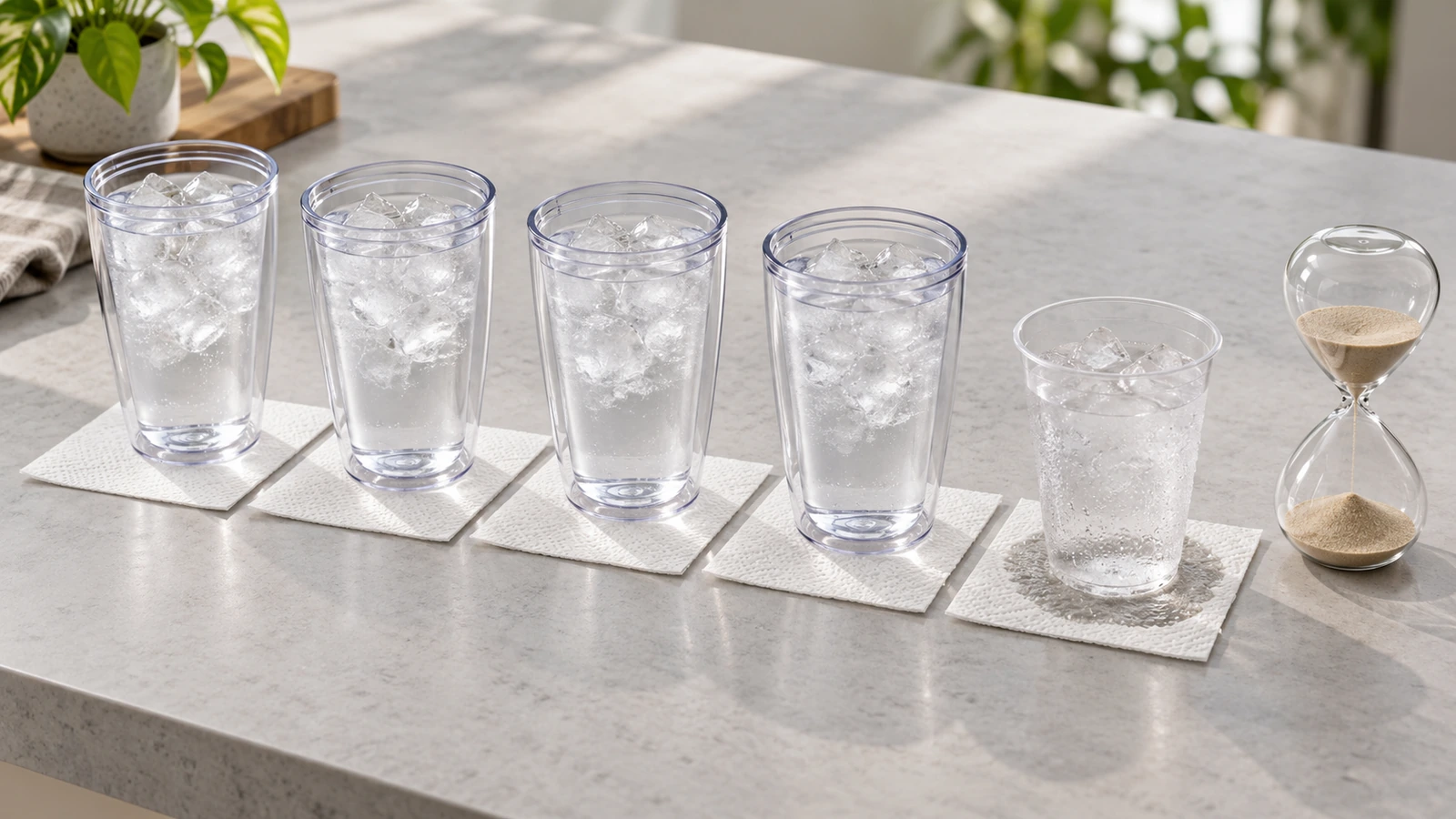 Yumuşak gün ışığında, her bardağın altında beyaz bir kağıt havlu ve bir kum saati bulunan, buzlu suyla dolu boş çift duvarlı plastik tumbler sırasını gösteren masa üstü test kurulumu
