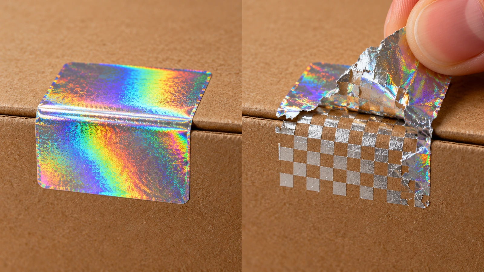 Bir kartonun üzerindeki gümüş hologram mührün önce/sonra görünümü: solda sağlam etiket, sağda dama deseni şeklinde iz bırakan sökülmüş etiket
