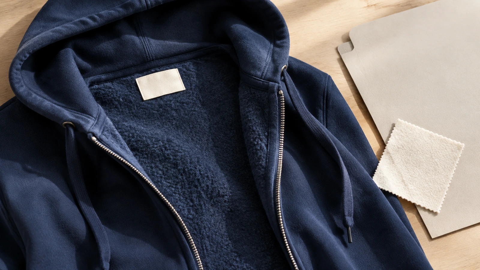Polar tam fermuarlı bir hoodie'nin iç boyun kısmının yakın çekimi; dikili kumaş etiketi ve açık fermuar boyunca görünen şardonlu iç yüzey, yanıcılık ve etiketleme kontrollerini gösteriyor
