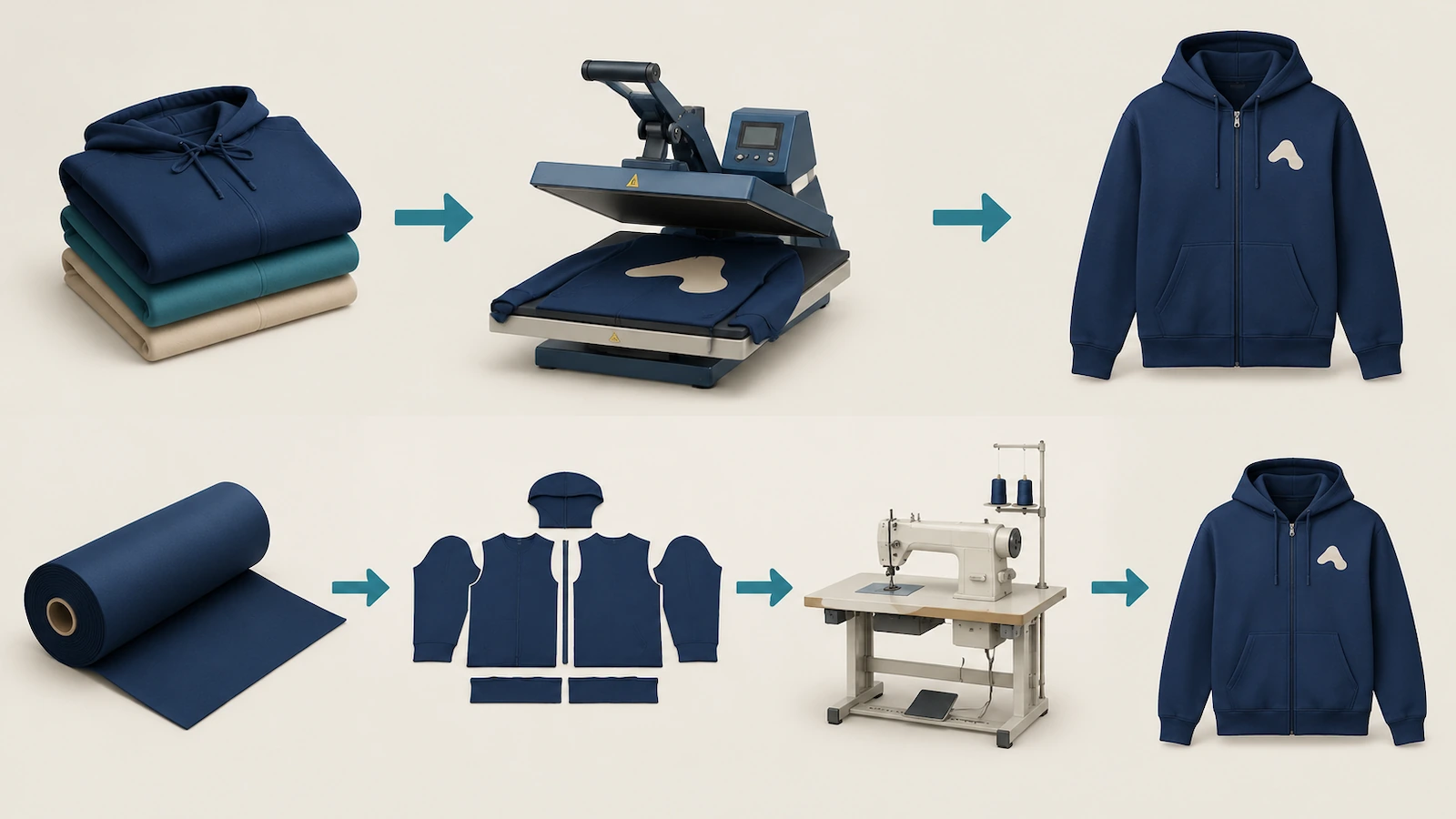 Özel hoodie'ler için iki üretim rotası: doğrudan bir dekorasyon istasyonuna giden katlanmış stok baskısız hoodie'ler ile kesilerek düz parçalara dönüştürülen ve tam fermuarlı hoodie olarak dikilen bir kumaş rulosunun karşılaştırması