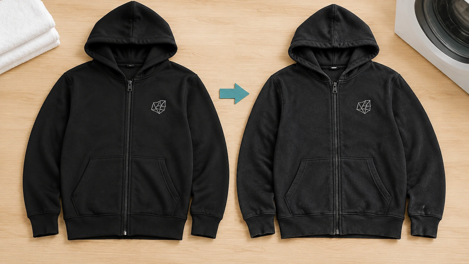 Yıkama testinden önce ve sonra gösterilen üretim öncesi hoodie numunesi; sol göğüs dekorasyonu düz ve sağlam, fermuar patı dalgalanma açısından kontrol edilmiş
