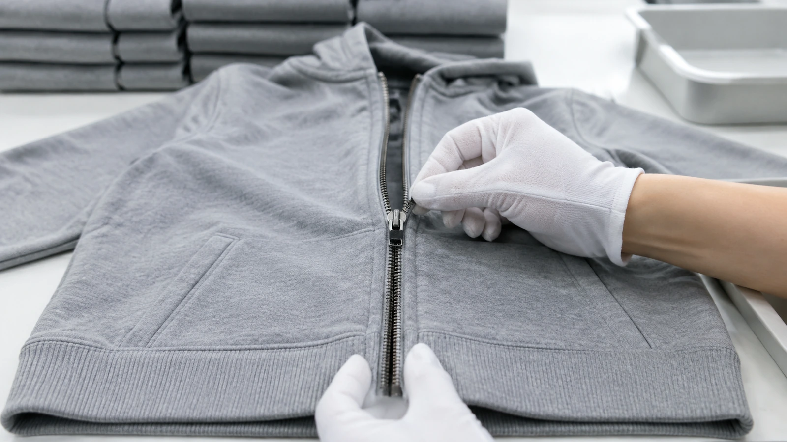 Bir kalite kontrol görevlisinin elleri, kontrol masasında bir hoodie fermuarını tam hareketiyle çalıştırarak patın düz durduğunu ve etek ağızlarının hizalı olduğunu kontrol ediyor