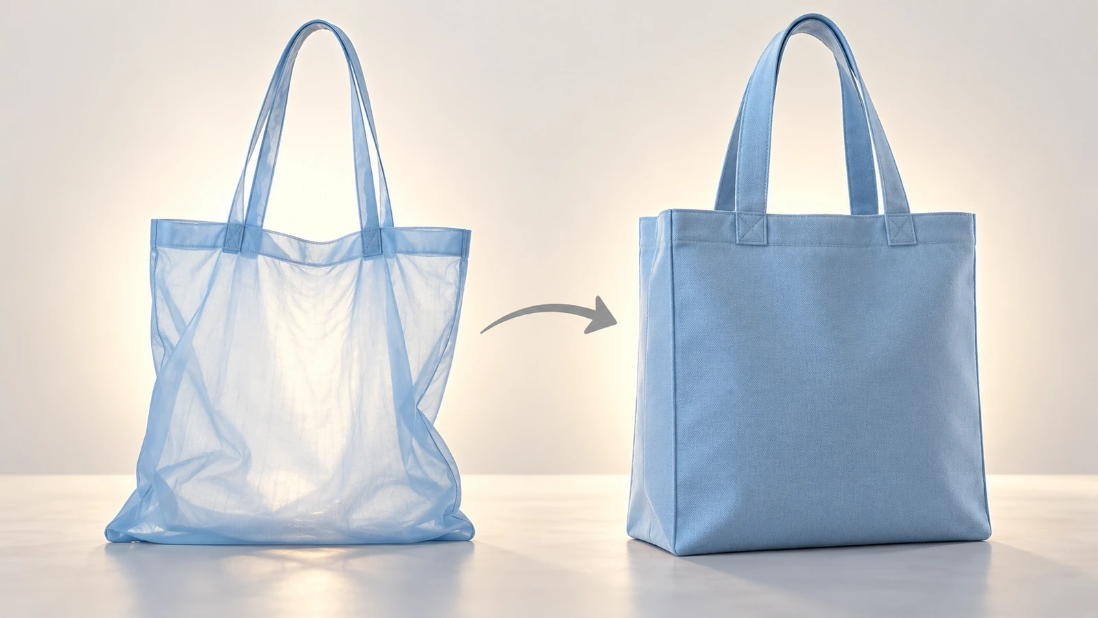 İnce, yarı saydam hafif bir polyester tote ile kalın, yapılandırılmış ağır bir tote yan yana; kumaş ağırlığındaki farkı gösteren karşılaştırma