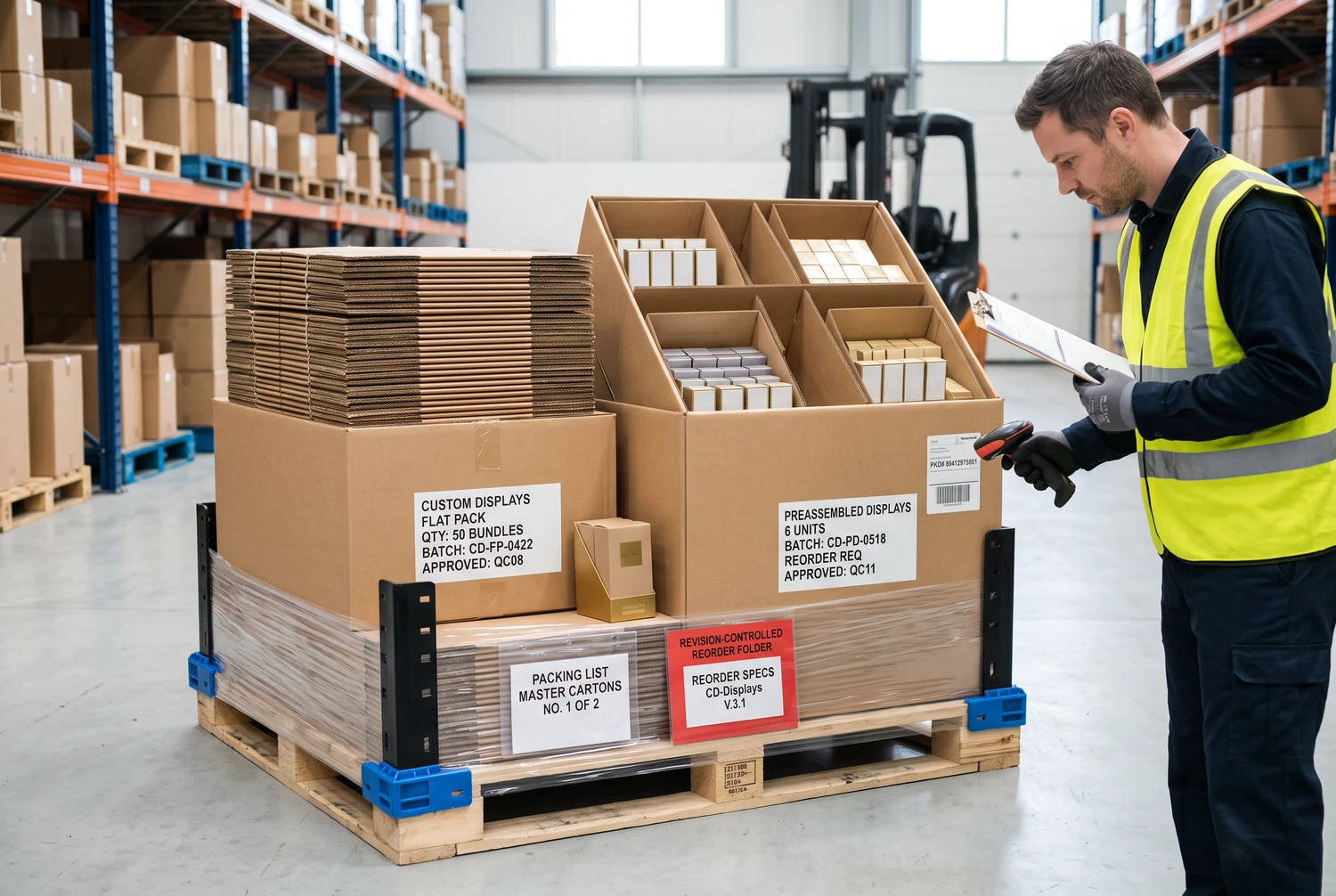 Tezgâh üstü teşhir paketleme, taşıma, parti izlenebilirliği ve tekrar sipariş Yeniden sipariş kayıtları ve parti etiketleriyle korumalı sevkiyata hazırlanan düz paketli ve önceden monte edilmiş tezgâh üstü teşhirler