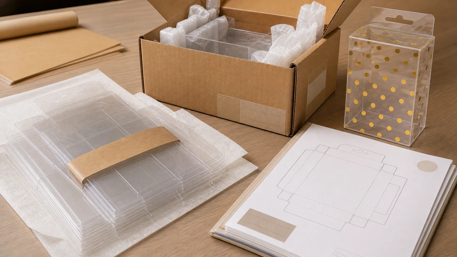 Yüzey koruması, sevkiyat düzeni ve tekrar siparişi referanslarının planlanması PET katlanır kutu demetleri, koruyucu paketleme, dış koli ve saklanan tekrar siparişi numunesi konsepti