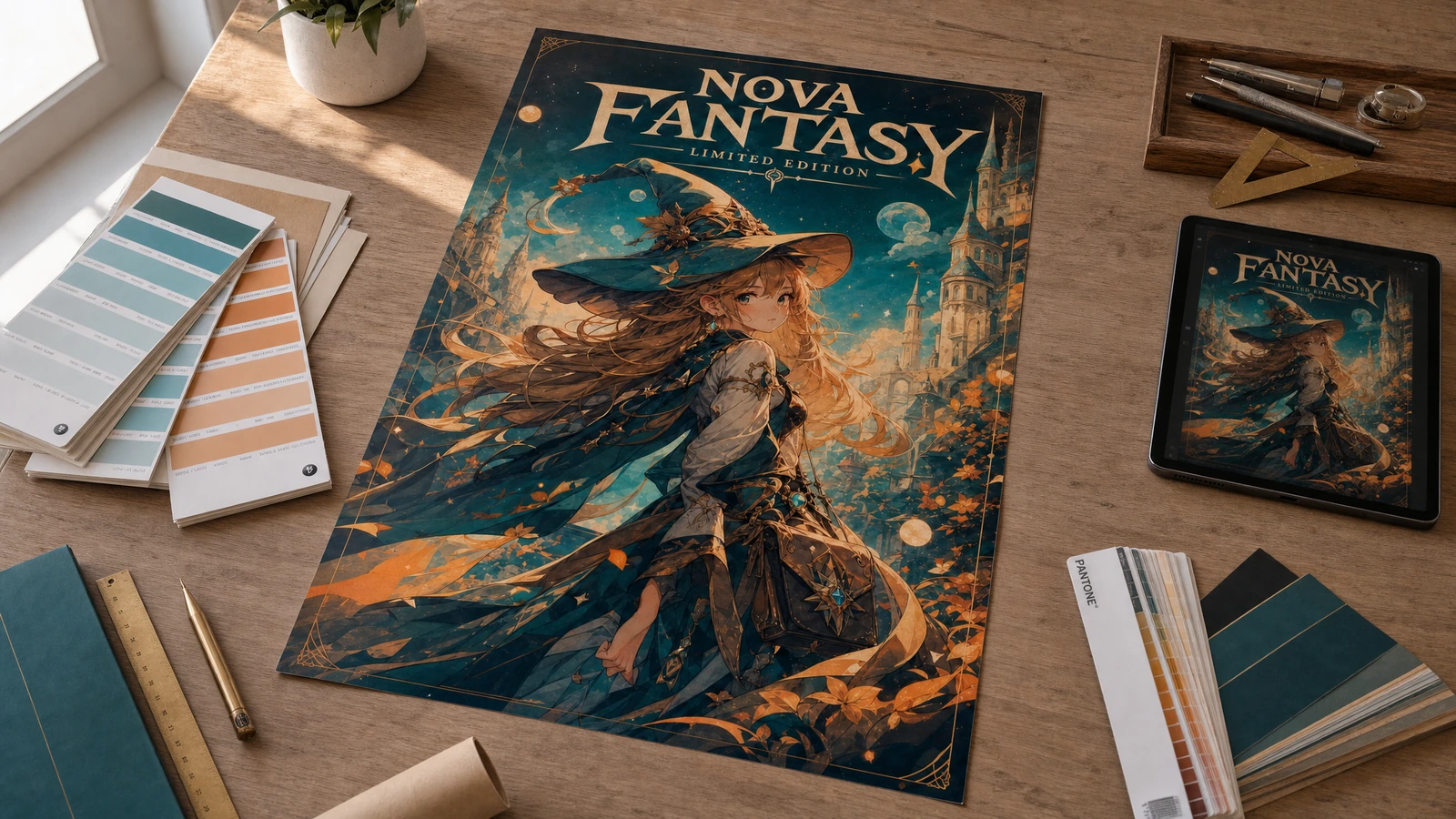 Fantastik poster görseli ve renk planlaması Masada tablet, renk örnekleri ve çizim araçlarının yanında duran fantastik sanat posteri