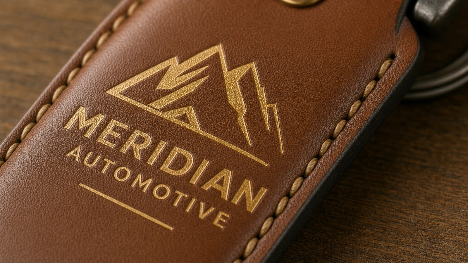 Markalı kahverengi anahtarlık detayı Altın renkli dağ amblemi ve Meridian Automotive yazısı bulunan, kahverengi dikişli anahtarlığın yakın çekimi