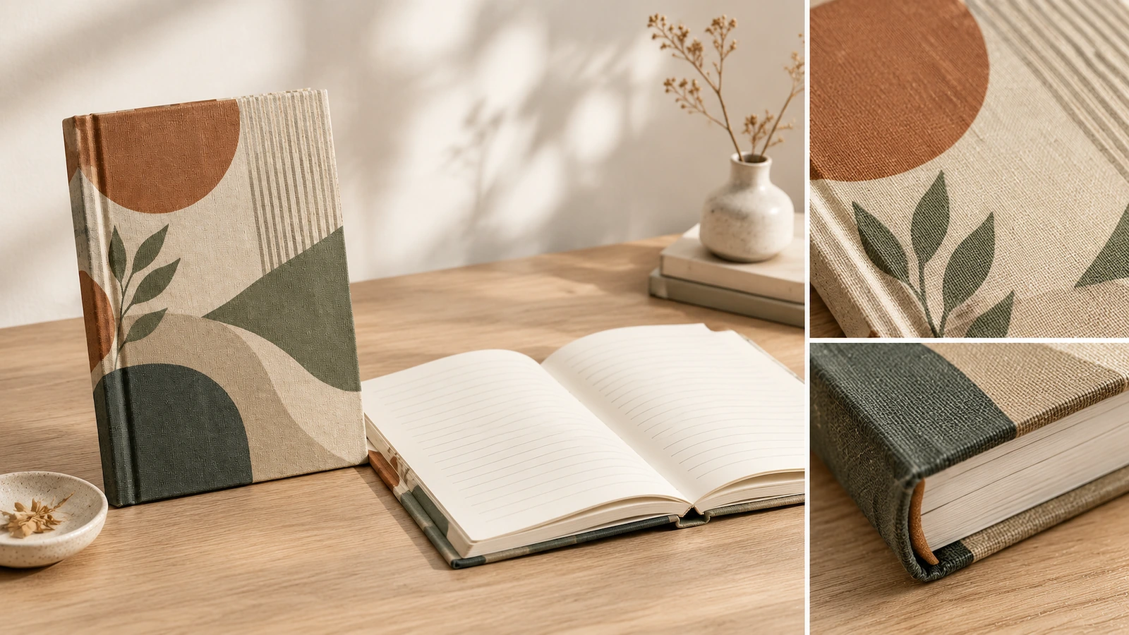 Defter kapağı, iç sayfalar ve kumaş ayrıntısı Kumaş dokusu ve kapak köşesinin yakın çekimleriyle birlikte ayakta duran defter ile açık çizgili sayfaların örnek görseli