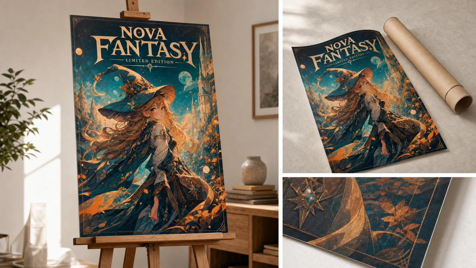 Poster sergisi, ambalaj ve baskı detayları Ambalajı yerleştirilmiş ve baskı detay görünümleri bulunan sehpada sergilenen fantastik poster