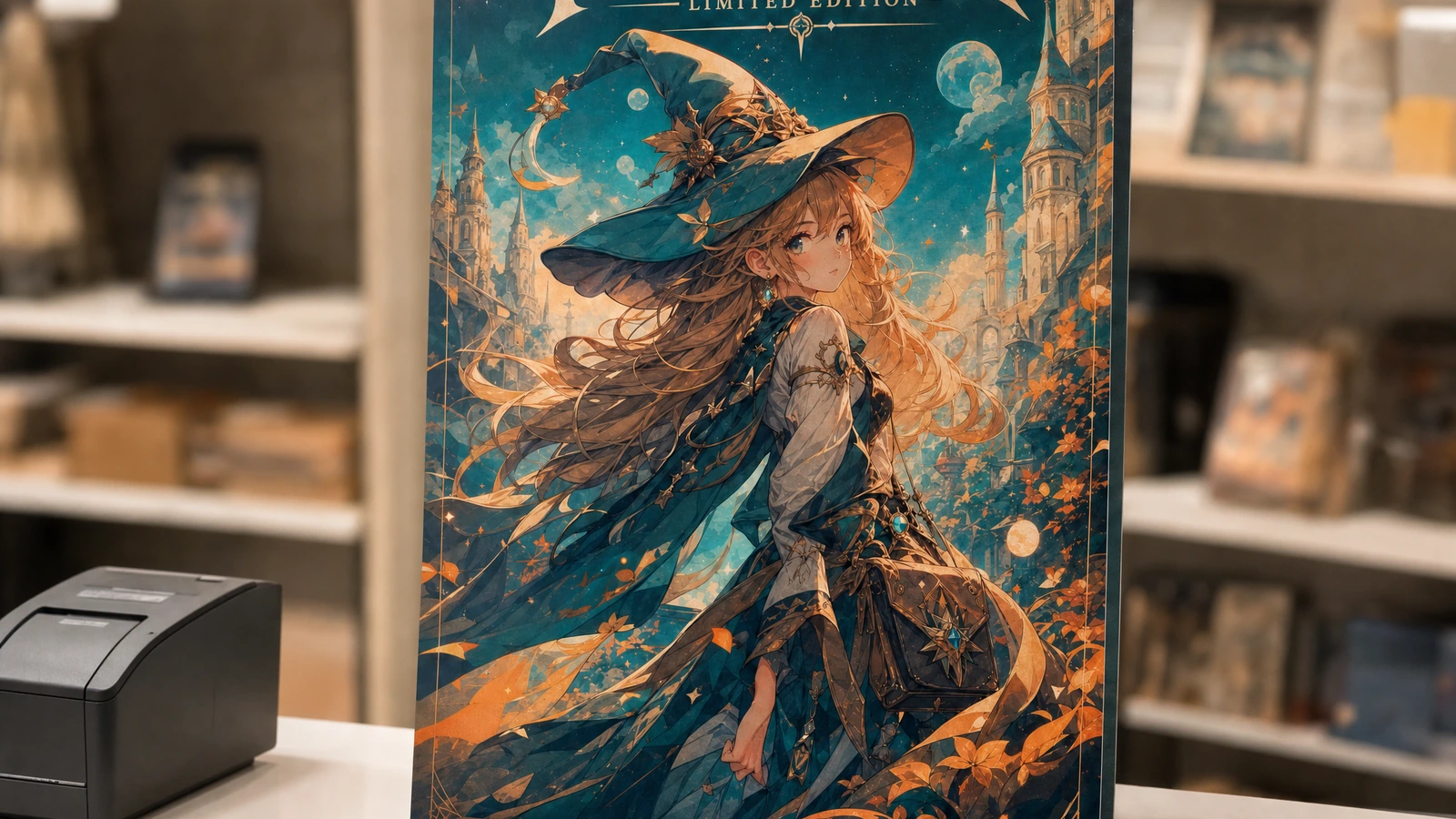 Fantastik poster tezgâh sergisi Perakende tezgâhında dik duran fantastik sanat posteri
