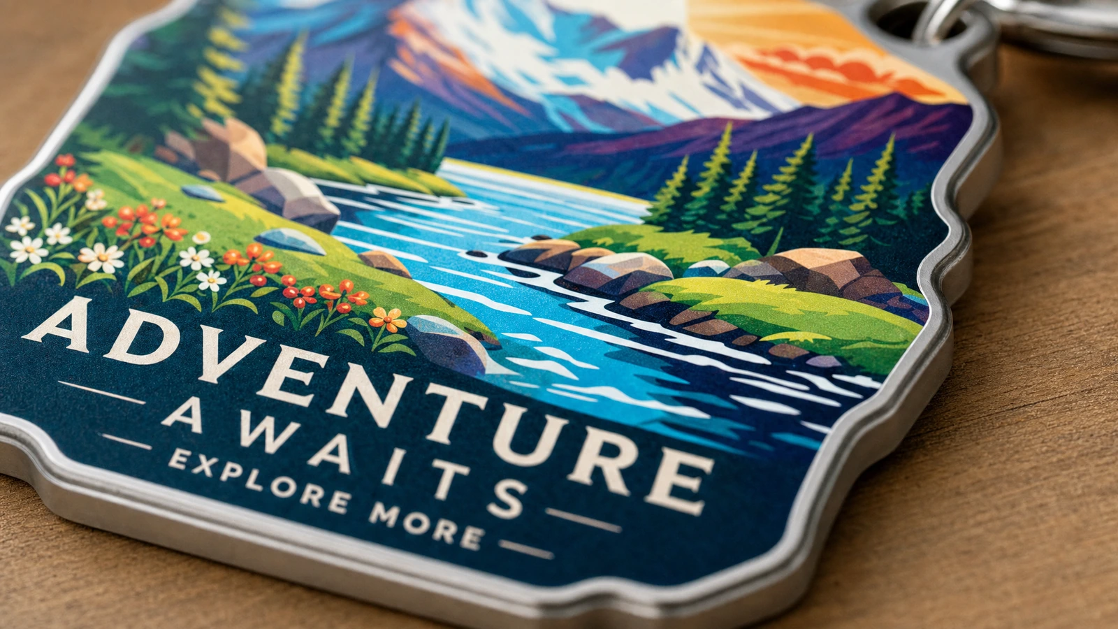 Dağları, bir nehri ve “Adventure Awaits” yazısını gösteren şekillendirilmiş manzara anahtarlığının yakın çekimi
