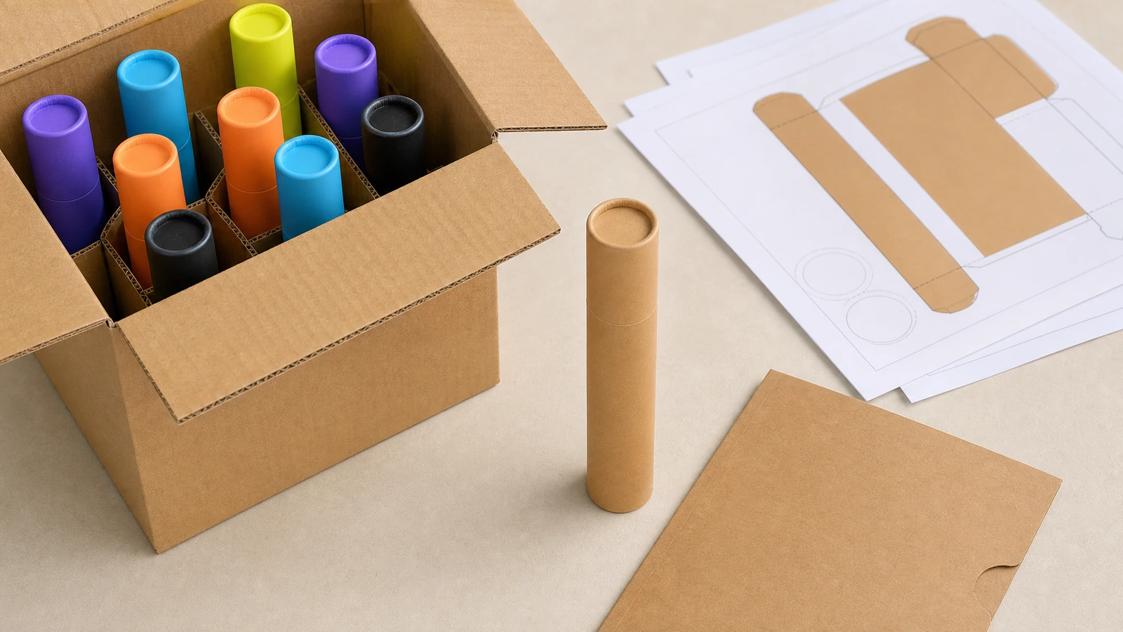 Tüp paketleme konsepti ve koli çizimi Kraft tüp ve koli çizimi yanında, karton bir koliye dik şekilde paketlenmiş renkli tüpler
