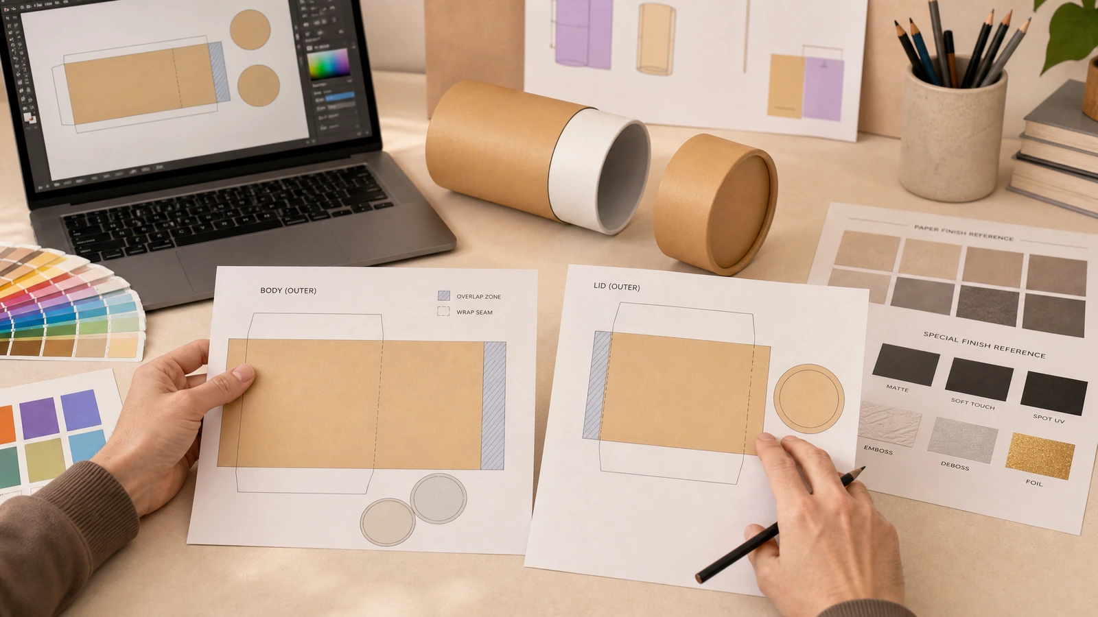Tüp grafik tasarımı ve numune incelemesi Bir dizüstü bilgisayarın, numunelerin ve açık kraft tüpün yanında gövde ve kapak grafik tasarım sayfalarını inceleyen eller