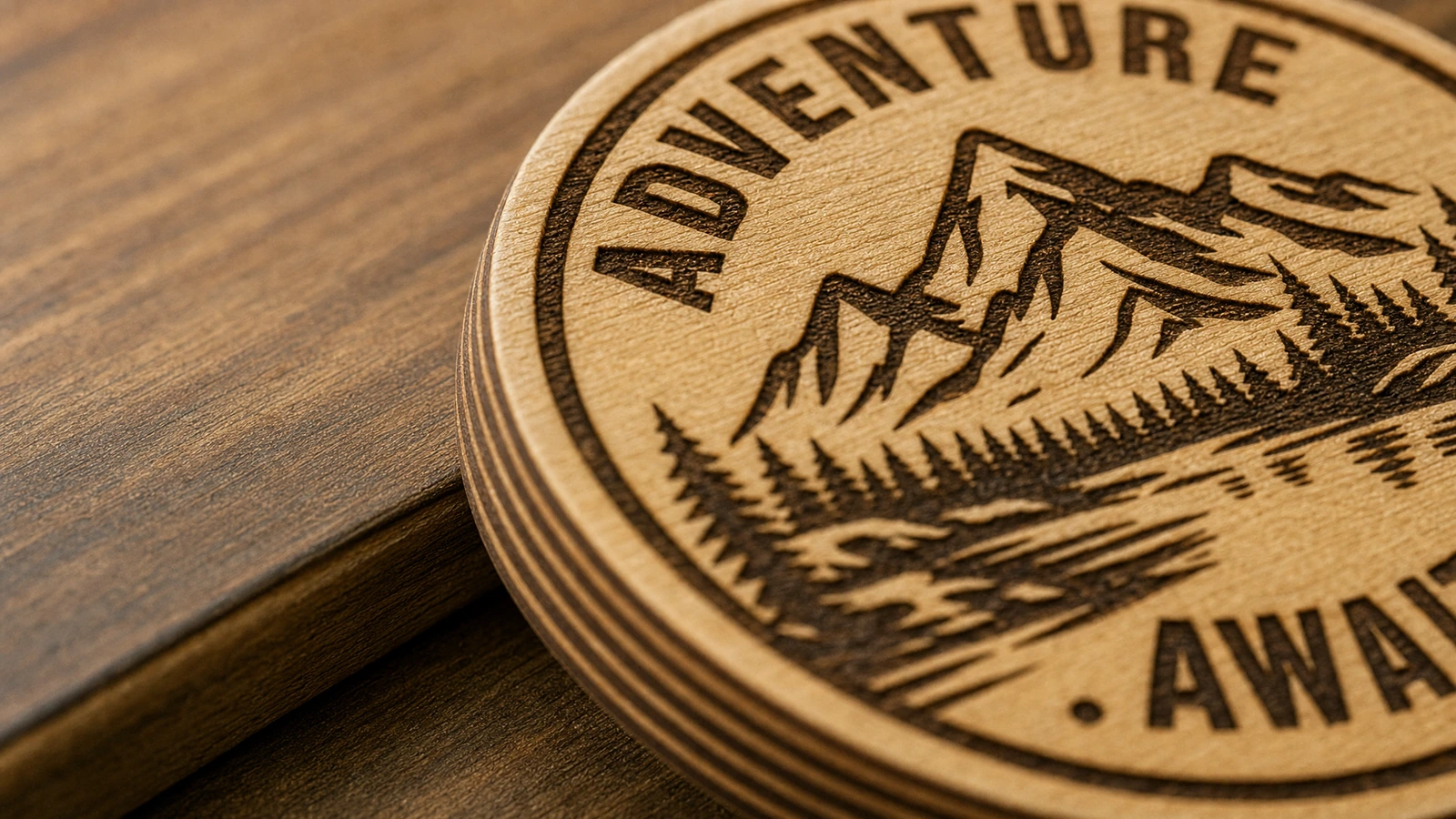 Gravürlü ahşap yüzey ve katmanlı kenar Katmanlı ahşap disk üzerinde dağ gravürü ve Adventure Awaits yazısının yakın çekimi