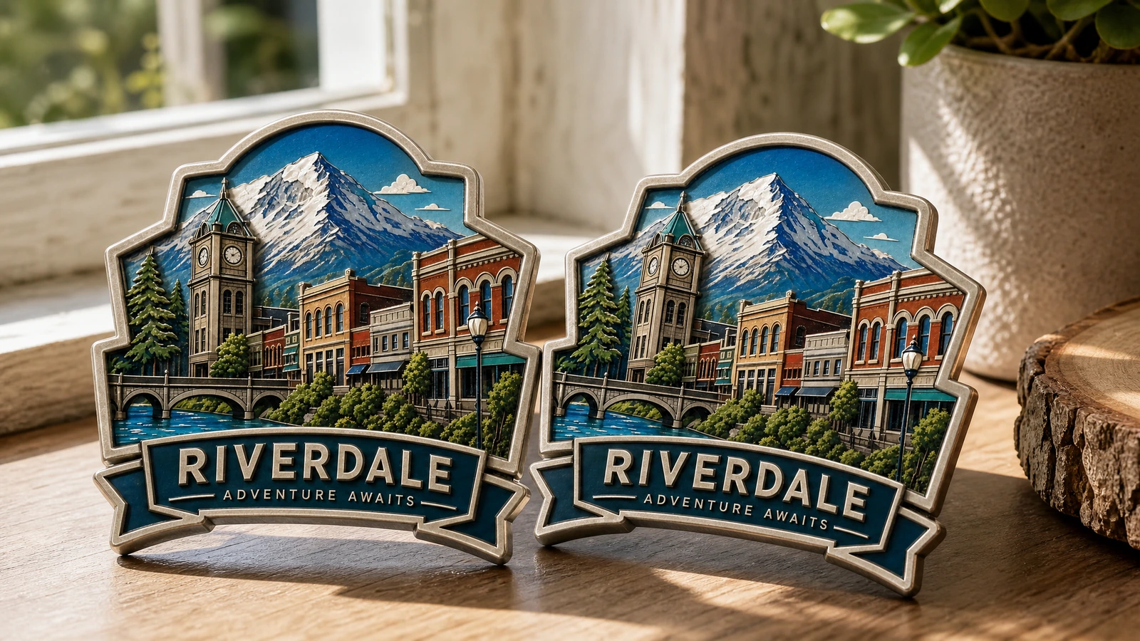 Sergilenen iki hatıra mıknatısı Ahşap pencere pervazında bir çift örnek Riverdale hatıra mıknatısı
