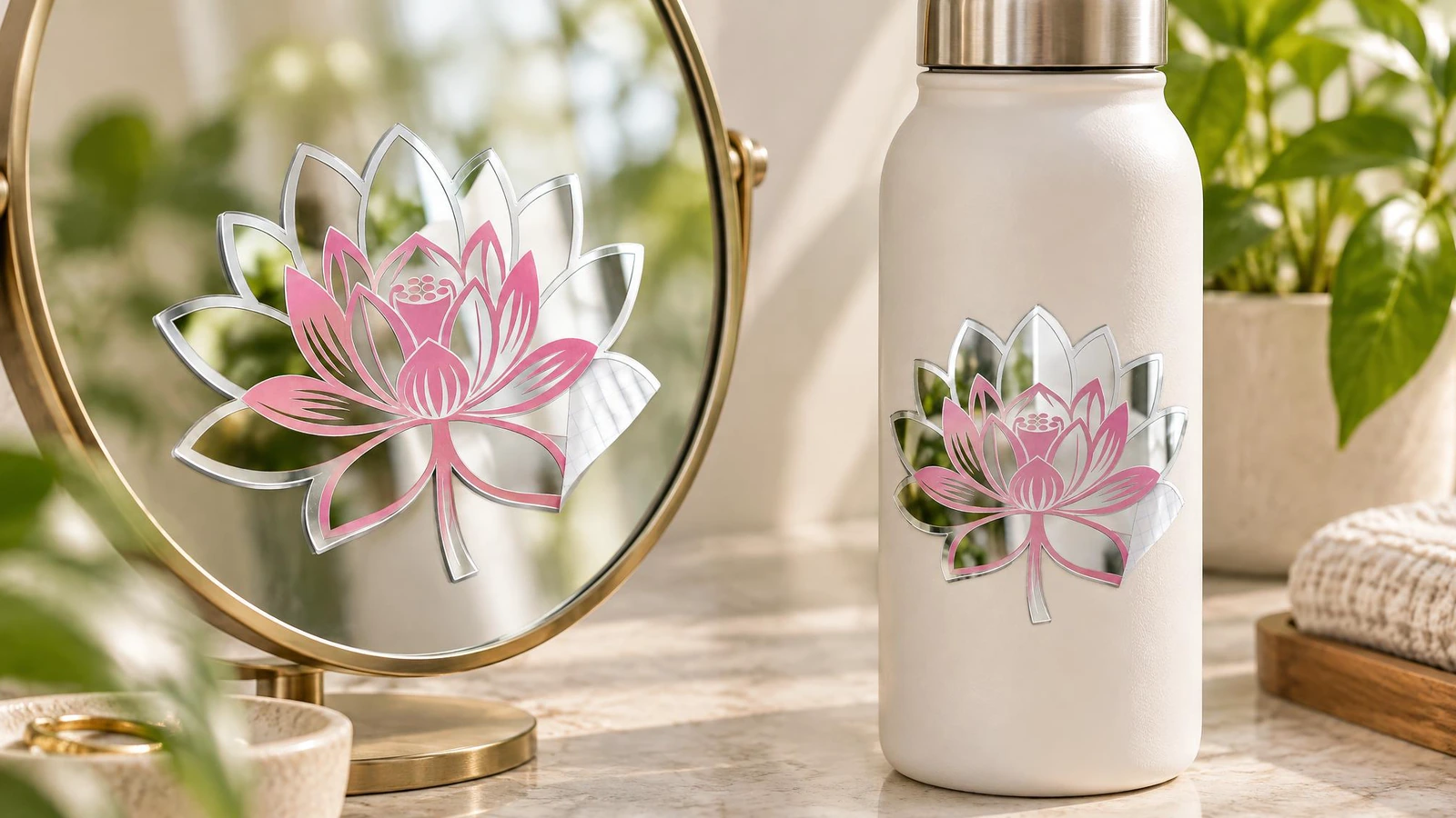 Bir masa üstü ayna ve beyaz bir şişe üzerinde sergilenen pembe ve gümüş lotus çıkartmaları
