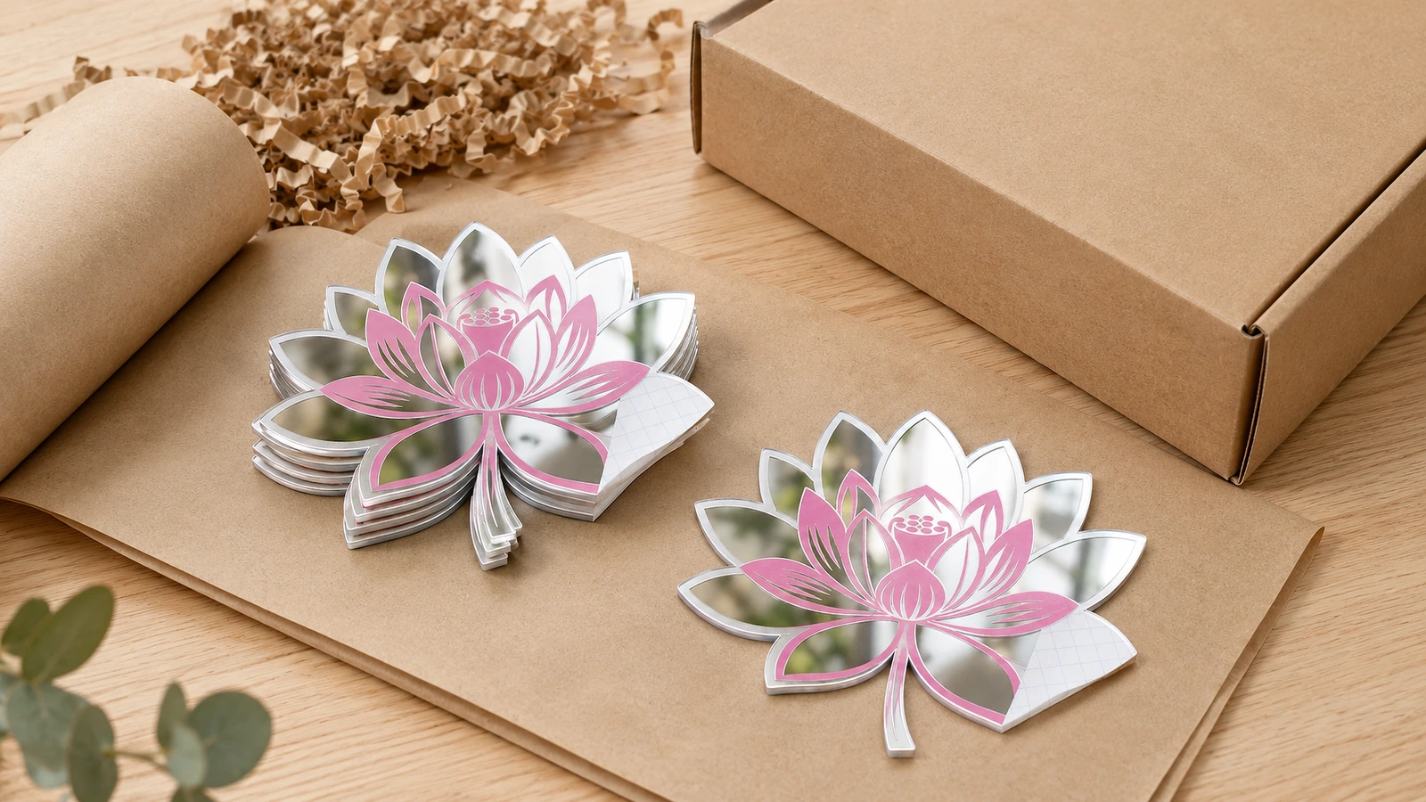 Karton üzerinde dağınık ve üst üste yığılmış lotus ayna çıkartmaları; açık kraft kutu ve kâğıt ambalaj malzemesinin yanında