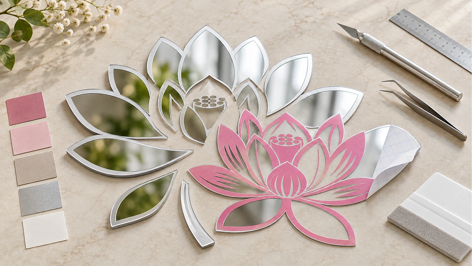 Pembe çiçek detaylı gümüş ayna lotus çıkartması; bir masa üstünde renk örnekleri, bir cetvel ve bir kesme bıçağının yanında