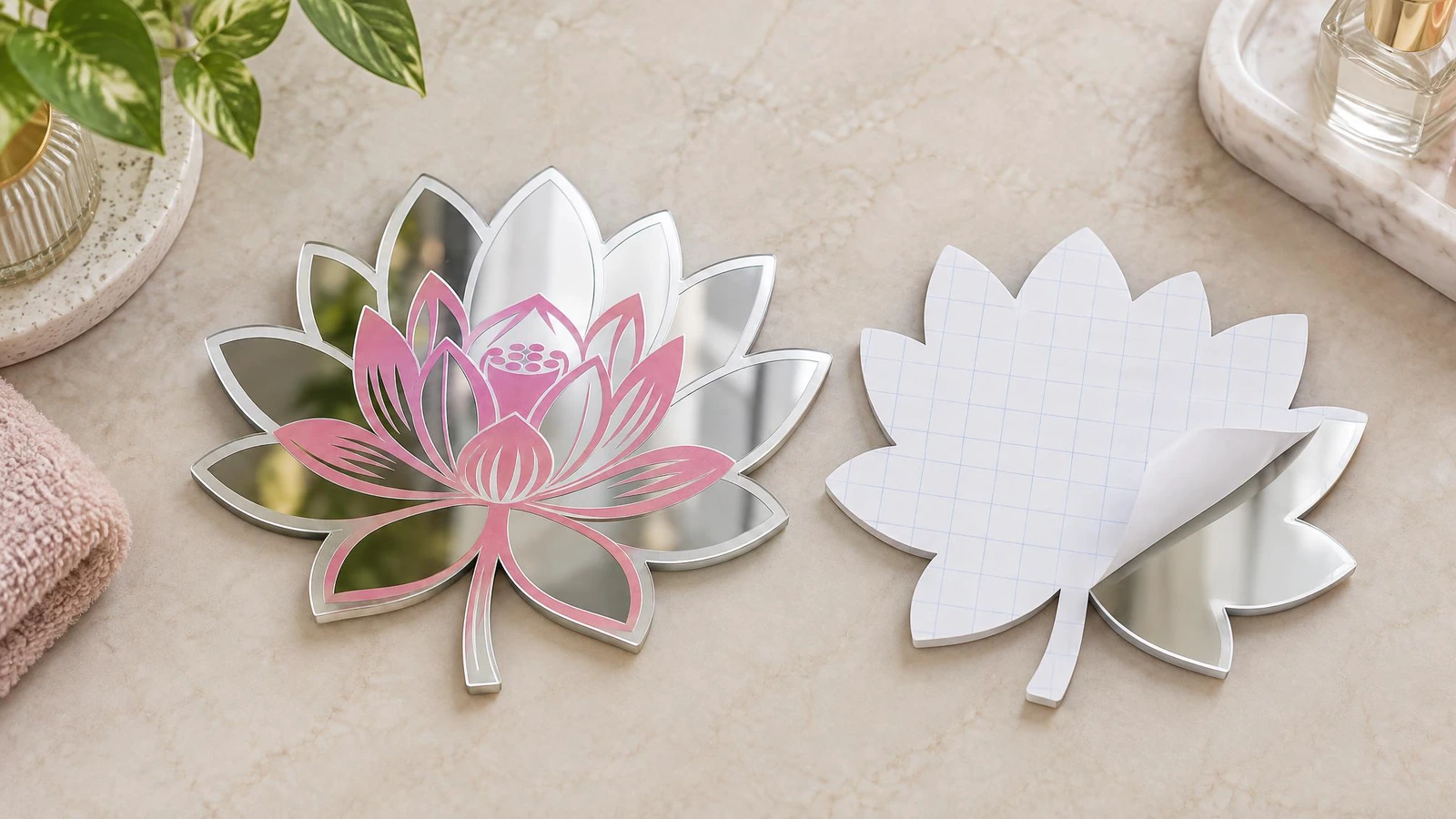 Yansıtıcı yüzleri ve beyaz destek levhaları görünen lotus şeklinde ayna çıkartmaları; koruyucu astarın bir köşesi geri kıvrılmış