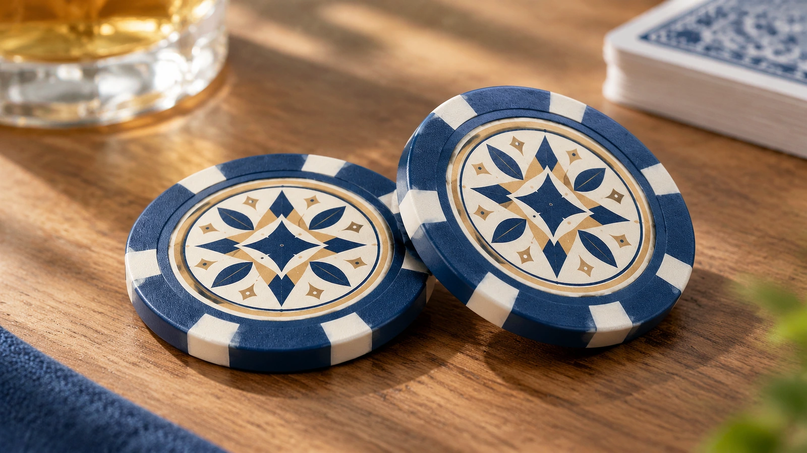 Ahşap masada, bir deste iskambil kağıdının yanında iki geometrik desenli poker çipi
